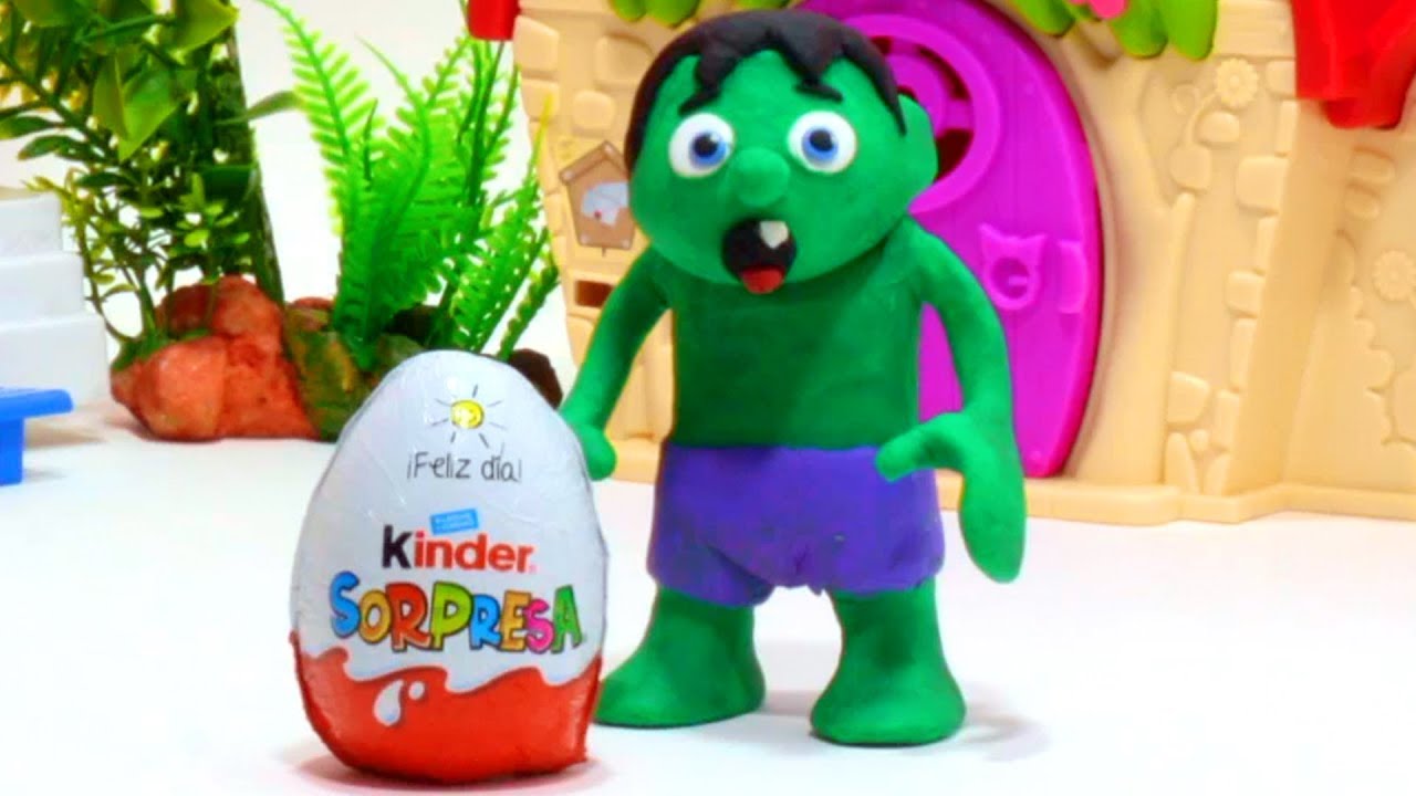 funny pranks videos Hulk open a Kinder Surprise egg 💕Babygum & Superhero Play Doh Stop motion cartoon