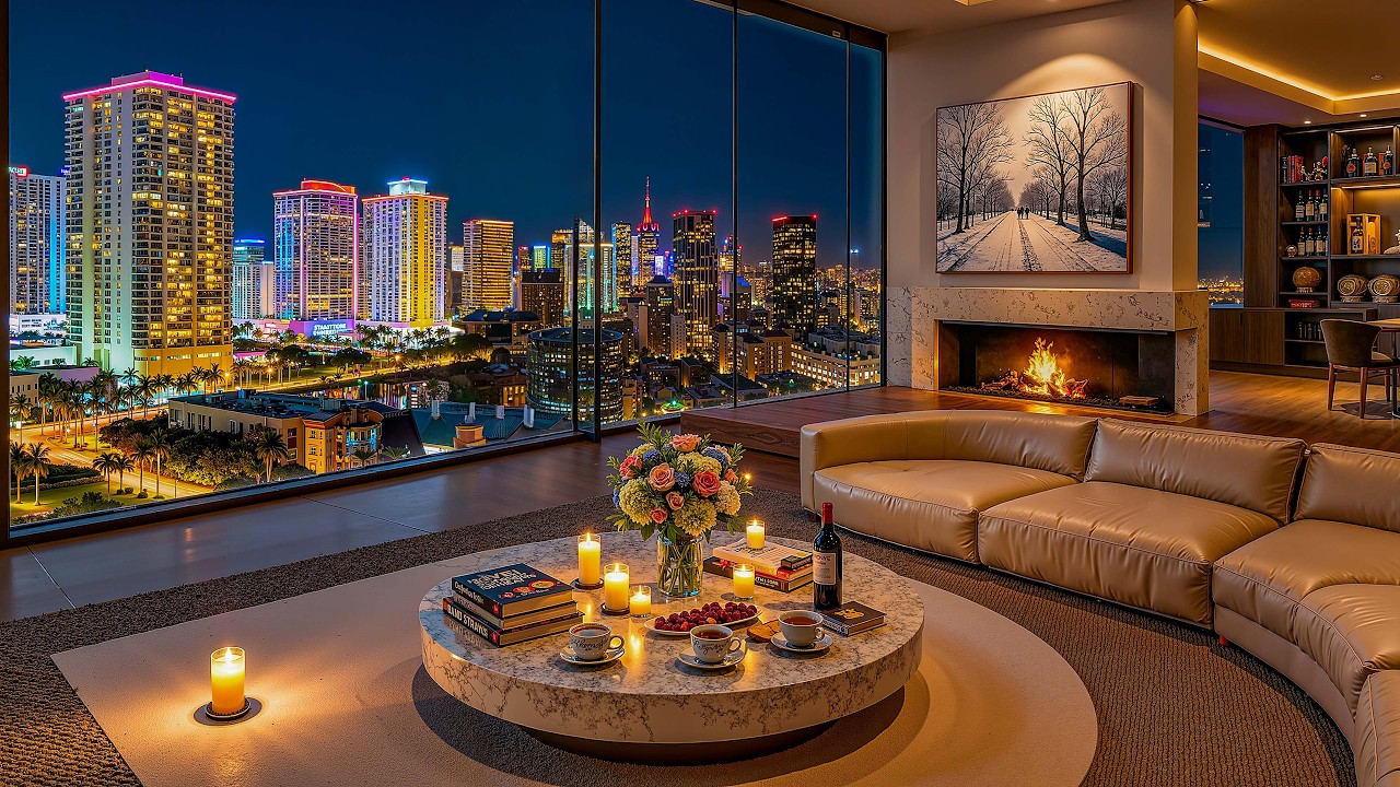 Miami City Night Jazz | Sophisticated Penthouse Ambience with Soft Jazz Piano and Fireplace for Calm