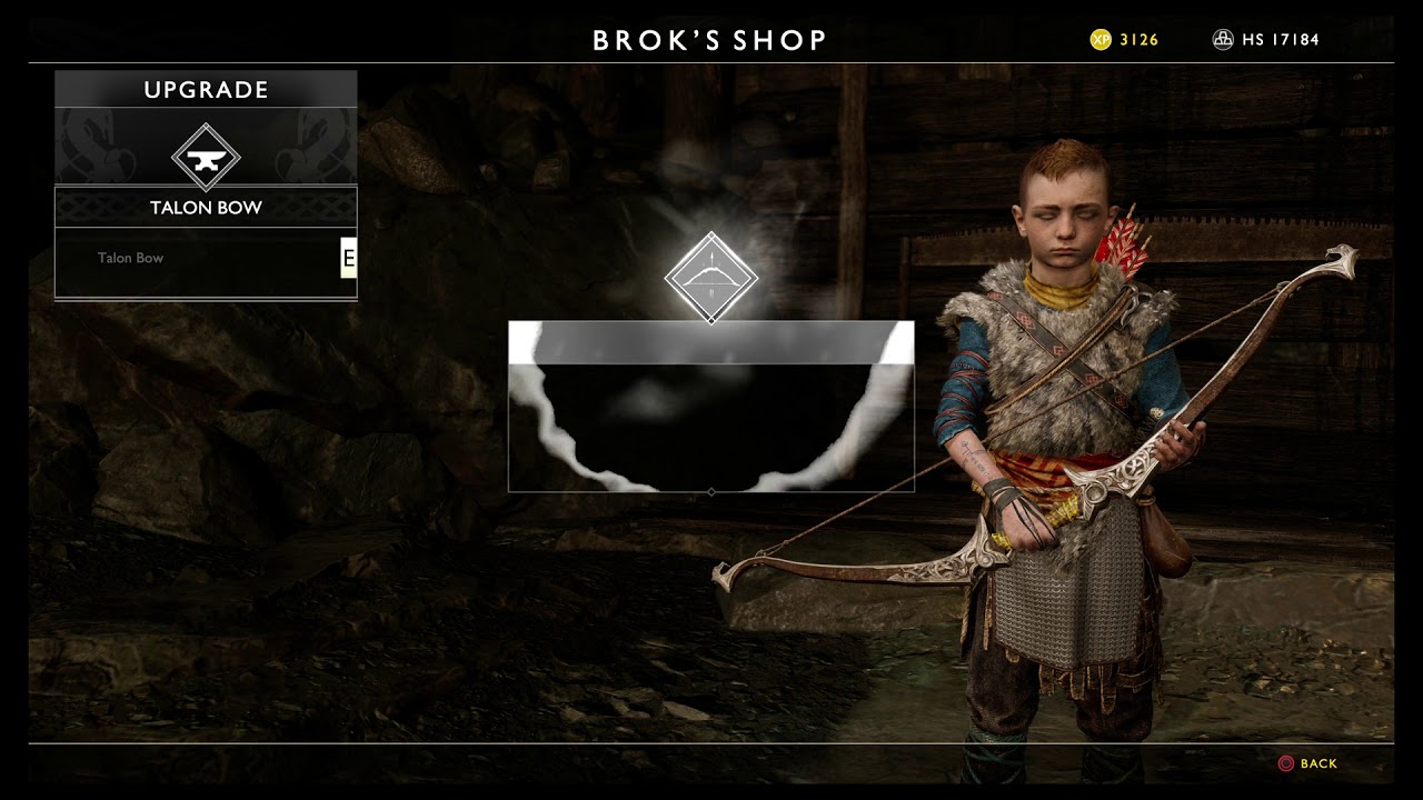 God of War - Inside The Mountain: Brok Shop: Sell Shiphead Aretifacts,  Upgrade Talon Bow lll (2018)