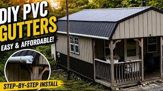 DIY PVC pipe gutter for my steel roof at the off grid cabin #diyraingutters #steelroofraingutters