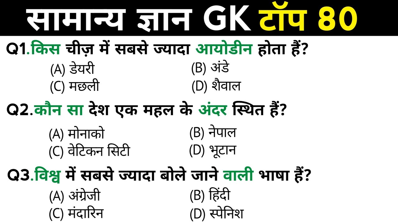 सामान्य ज्ञान | General Knowledge | Top 80 Gk GS questions | SSC GD, MTS, RPF, CRPF | GK quiz