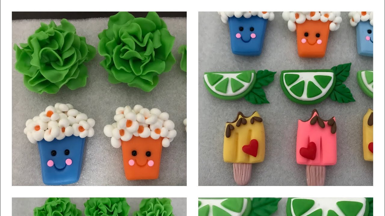 Apliques em biscuit limão,pote de pipoca,picolé e alface