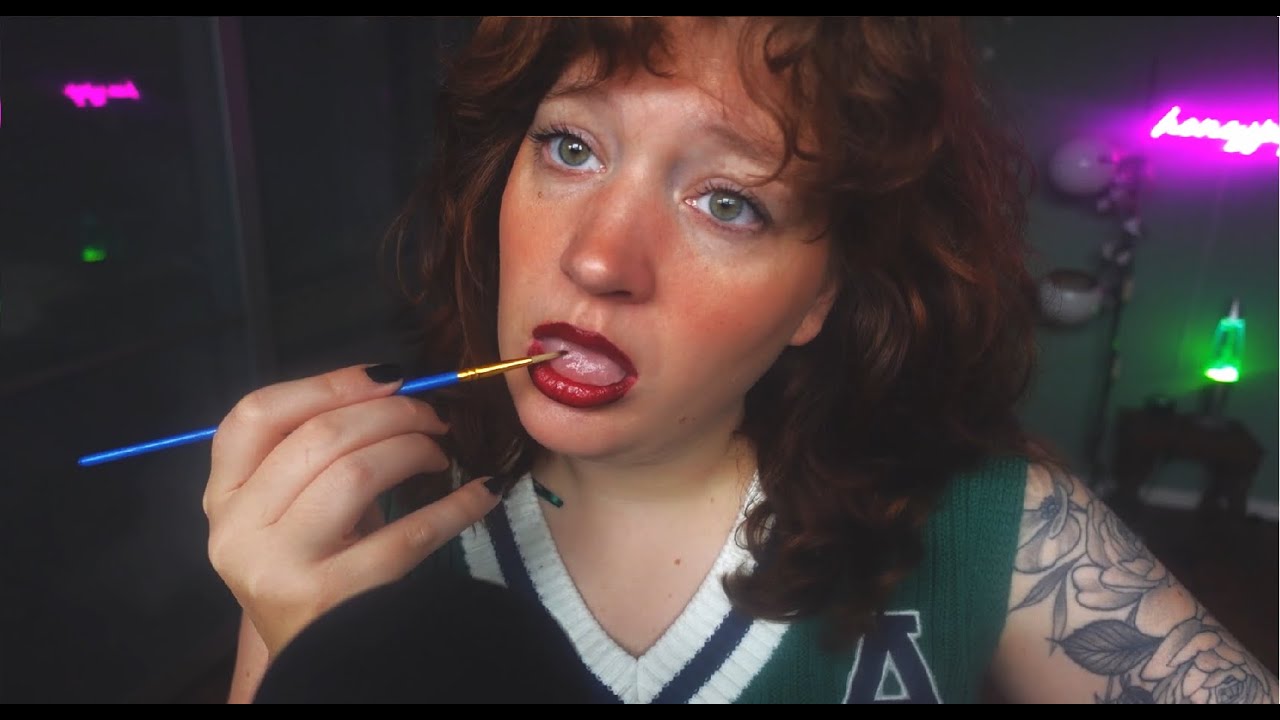 ASMR spit painting your face with props and fingers ( no talking, intense mouth sounds)