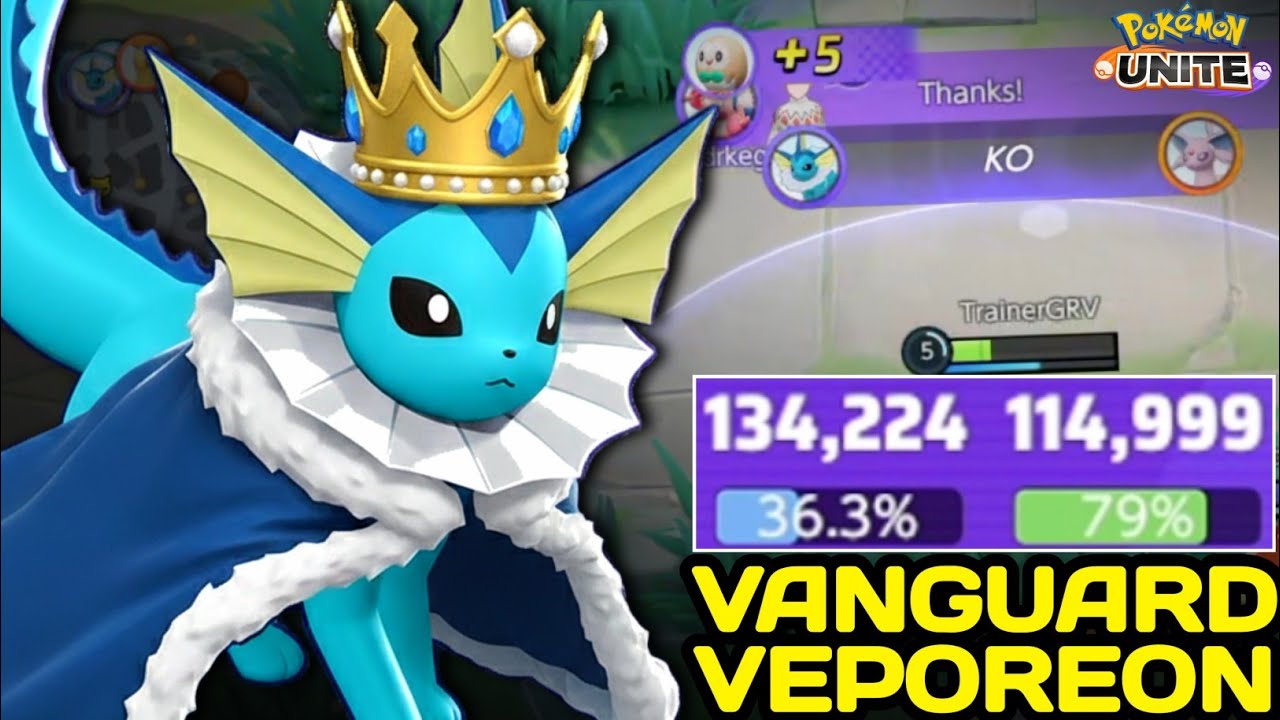 134K Damage Taken & 114K Healing Veporeon going in god mode with Vanguard Bell 🔔 Pokemon Unite