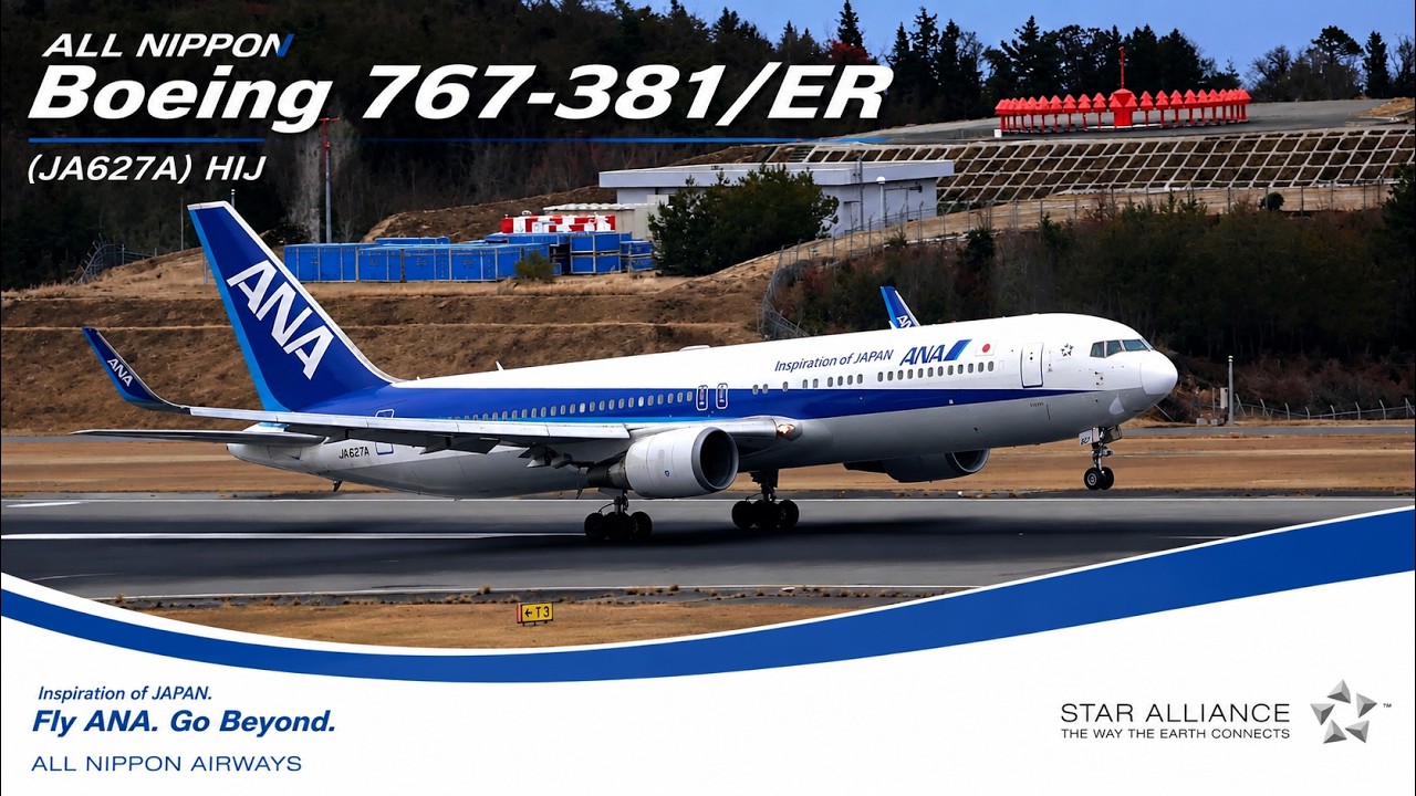 全日空 Boeing 767-300(JA627A) 広島空港離陸 767特有の急角度上昇を