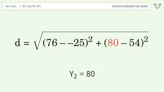 Find the distance between two points p1 (-25,54) and p2 (76,80): Step-by-Step Video Solution