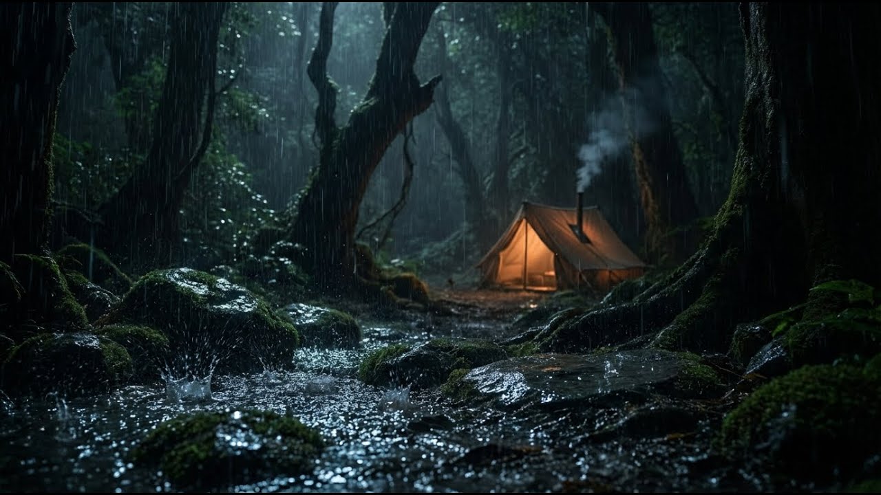 Dark Forest Heavy Rain on Stones Near a Cozy Tent 🌧️ Deep Sleep & Insomnia Relief Ambience