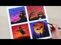 4 Easy Halloween Paintings (Part 2) / Haunted house / Pumpkin / Bat / Full moon / Scarecrow / Spider