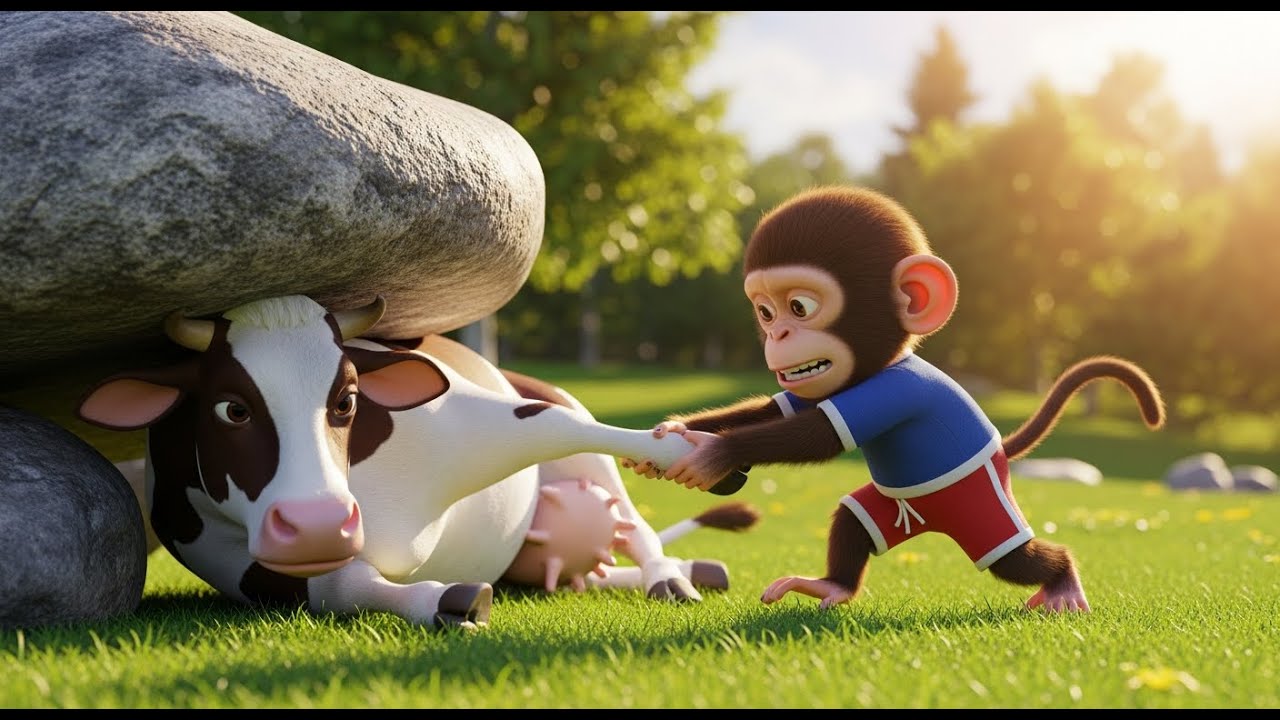 Baby Monkey Rescues Dairy Cow Stuck Under a Big Rock – Heartwarming Animal Friendship