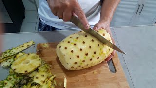 HOW TO PEEL PINEAPPLE And Removing Eyes Easy ( FILIPINO WAY )