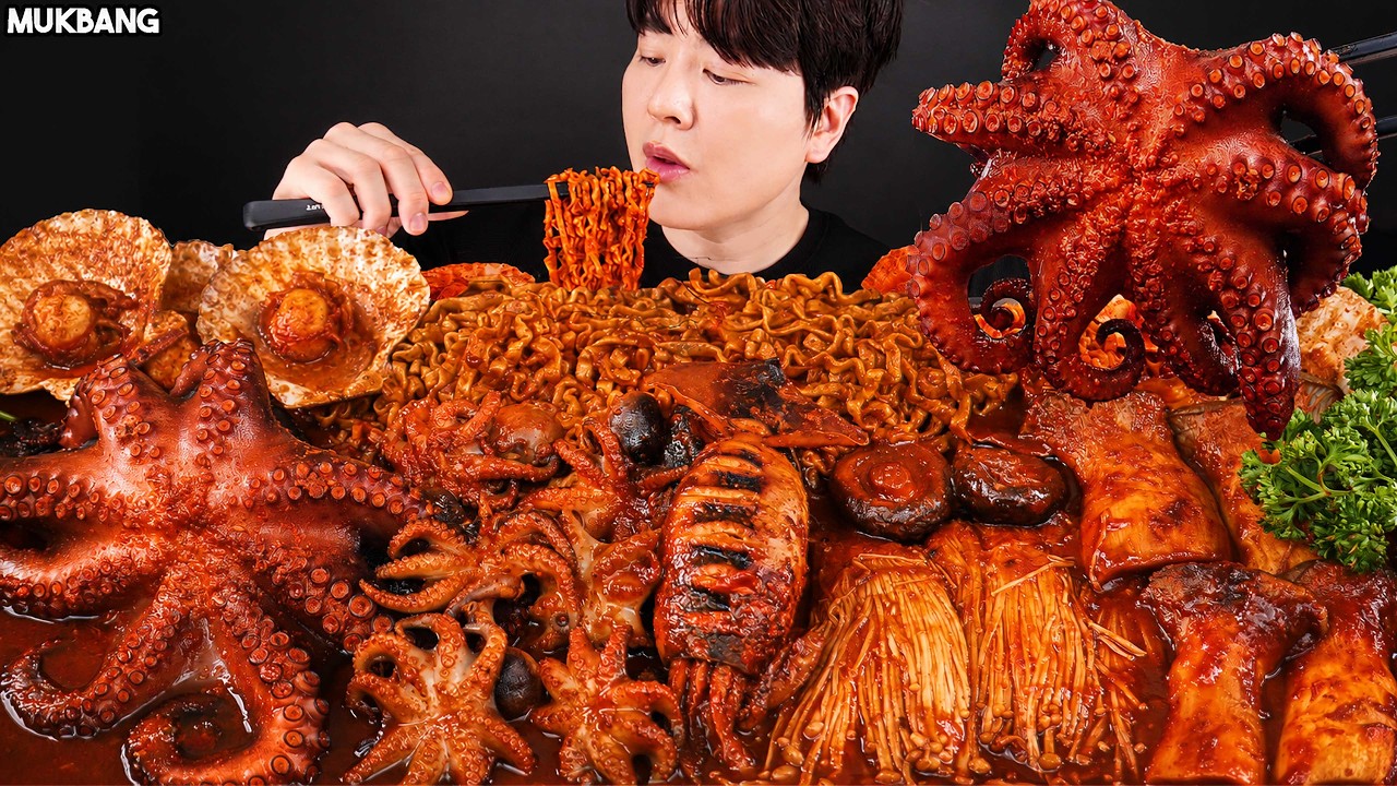 ASMR MUKBANG | Spicy Seafood Boil 🐙🦑 Mushrooms, Octopus, Squid, Scallop recipe EATING SOUND