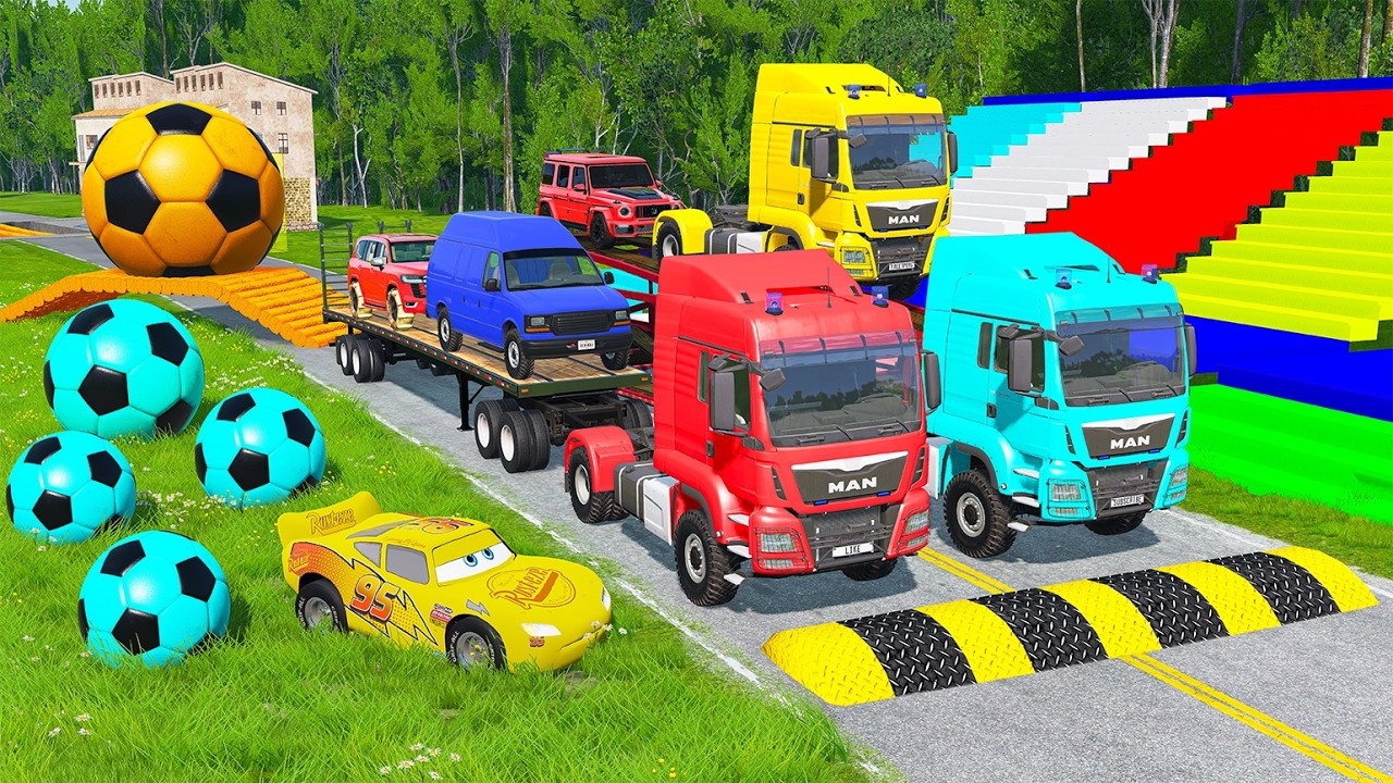 Flatbed Trailer McQueen Transportation with Truck | Speedbumps vs Cars vs Train  | BeamNG.Drive 12