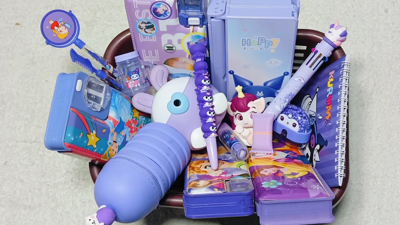 Purple colour cute stationery items collection- pencil box, pencil pouch, eraser and sharpener, pen