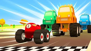 New wheels for the car. The little racing car & big monster trucks. Helper cars cartoons for kids.