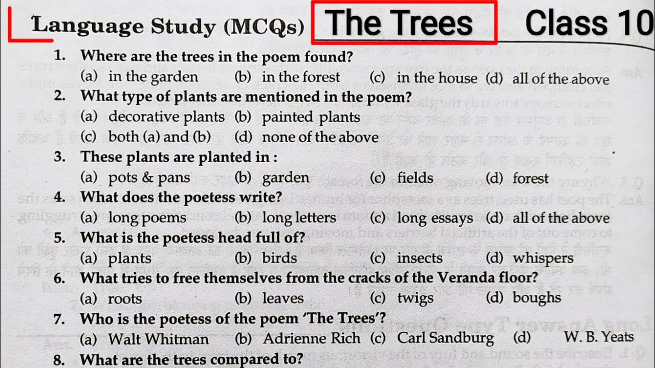 The Trees Mcq The Trees Class 10 Mcq The Tree Mcq Questions The