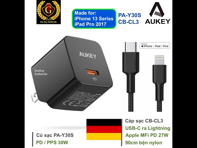 Bộ sạc iPhone 13, iPad Pro 2017 AUKEY PA-Y30S PD / PPS 30W + CB-CL3 USB-C ra Lightning MFi 27W 0.9m