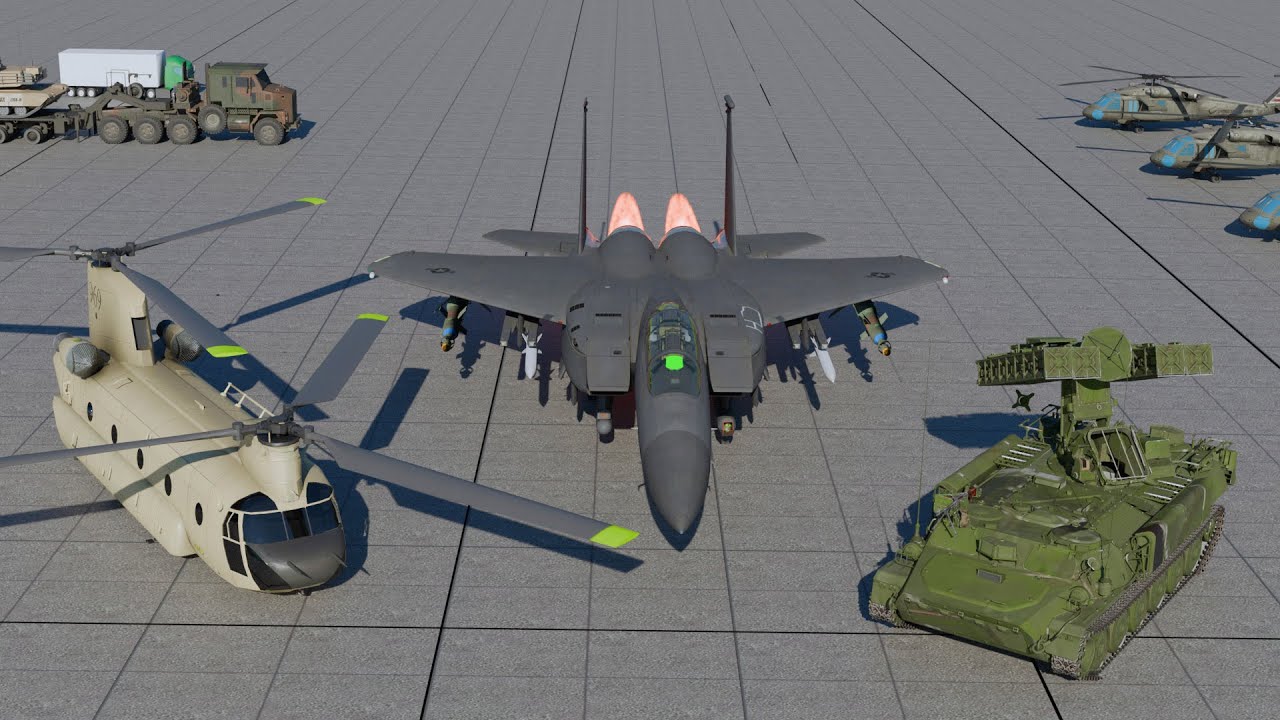 Explosive Combat F 15 Fighter, CH 47 Helicopter, and Strela Defense in Action | 3D Vehicle Animation