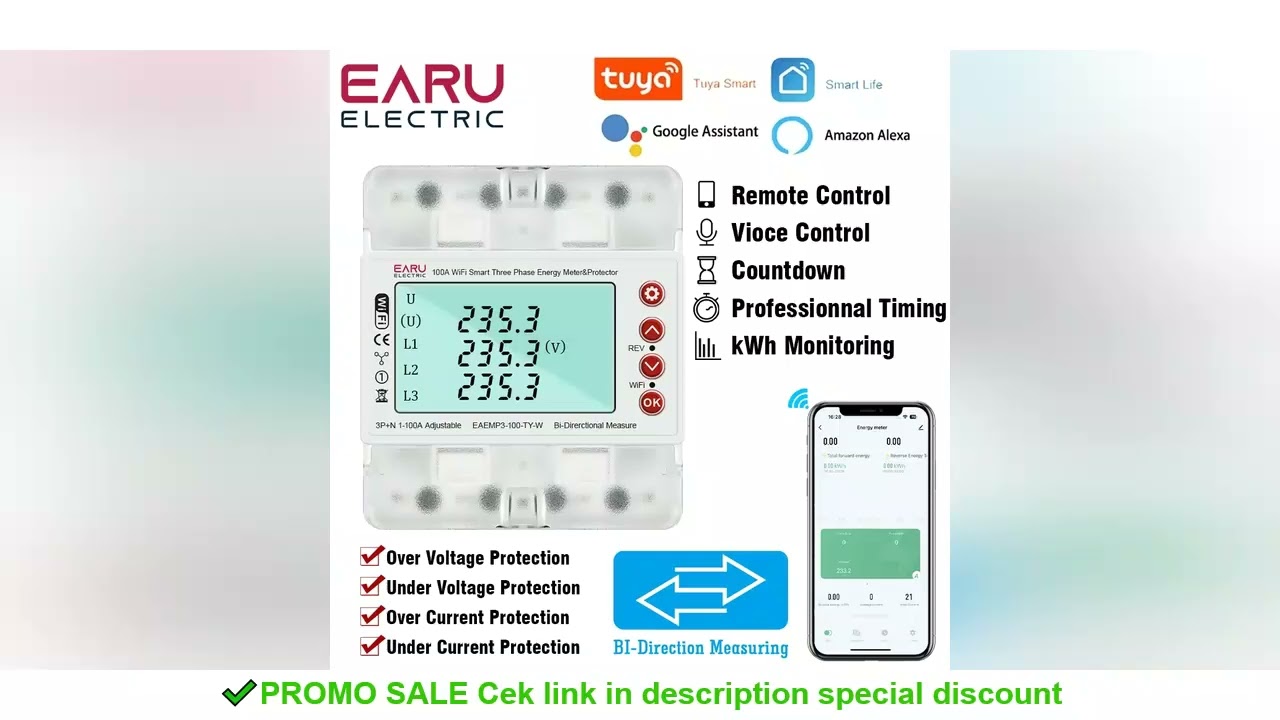 3 Phase 380V 100A Tuya WiFi Smart Bi-Directional Energy Power kWh Meter Over Under Voltage Protector
