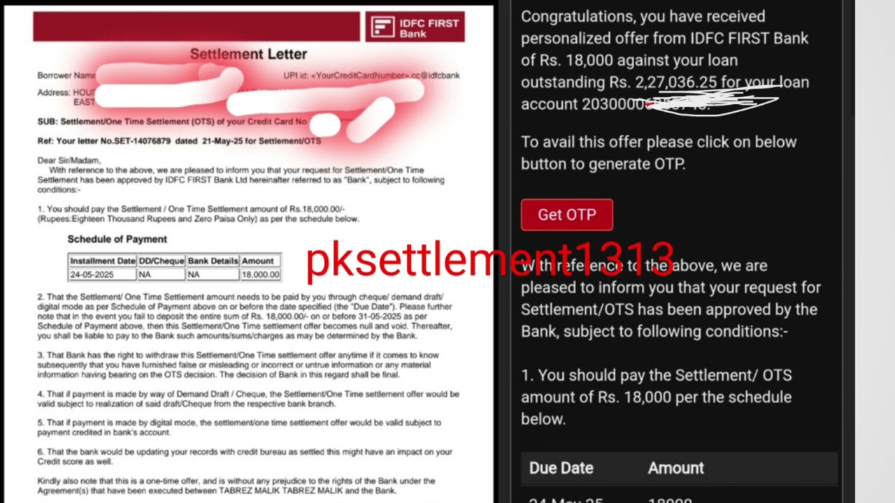 || IDFC credit card settlement letter of 8% || 