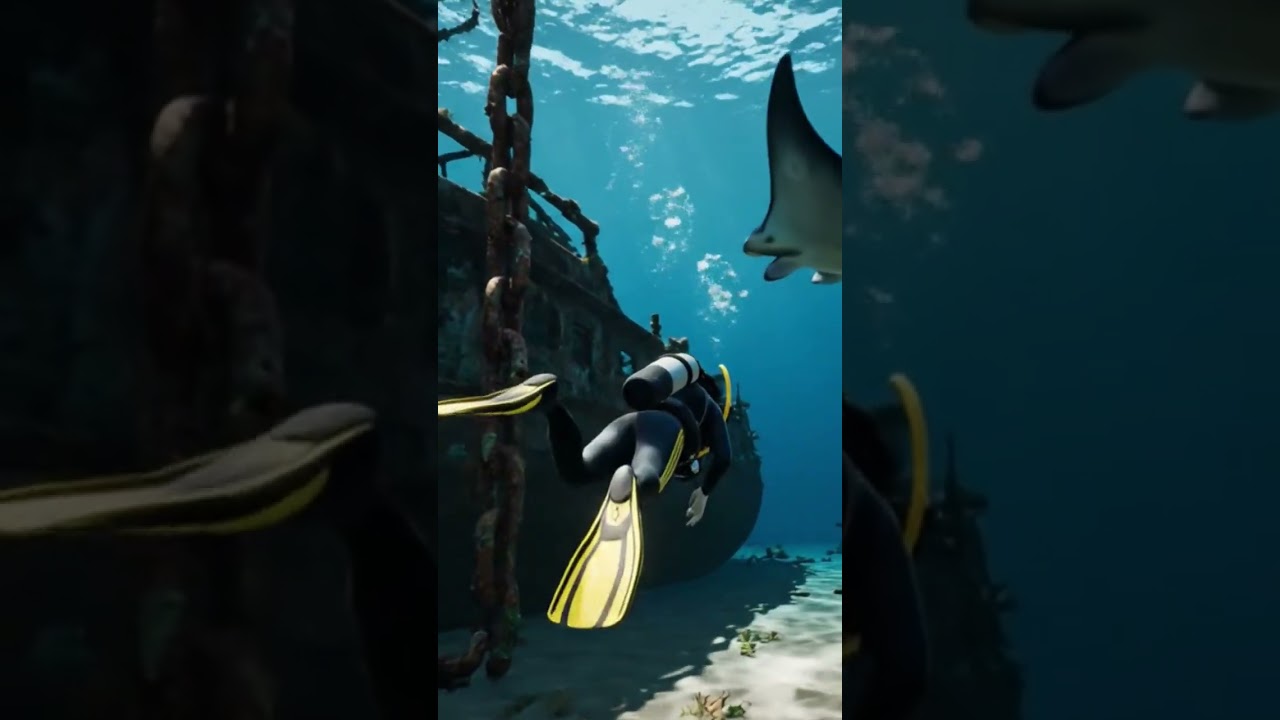 Sunken ship in the deep sea, silence holds forgotten stories. 