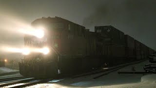 CP Stack train with double KCS units approaching Ogden through Snowy night on the Brooks Sub.