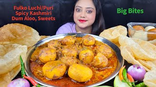 ASMR EATING Spicy kasmiri Dum Alu, Luchi / Puri, Sweets, Salad | Mukbang | Big Bites | eating show  screenshot 3