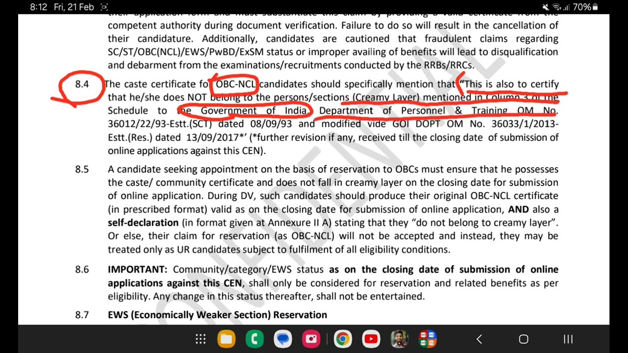 RRB Group D OBC NCL certificate format for Central level or State level according to notification