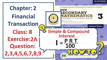 Exercise 2A Question 2, 3, 4, 5, 6, 7, 8, 9– (interest)  Complete solution – APS Math Class 8.