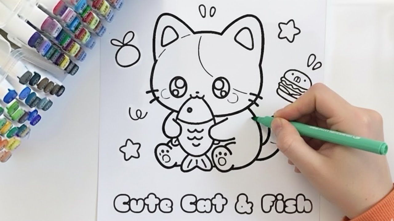 Cute Kitty & Fish Coloring Video  ASMR Coloring | Relaxing Yellow Vibes & Cute Aesthetic