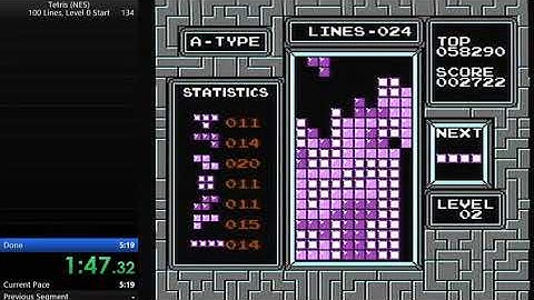NES Tetris 100 Lines Level 0 Start in 4:50