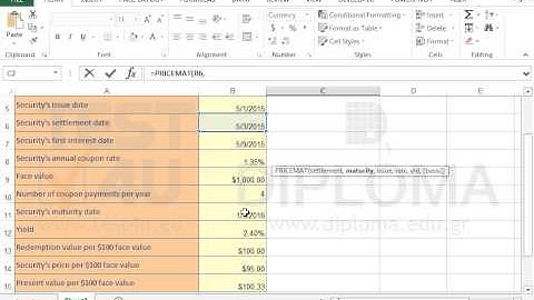 Use the PRICEMAT function to calculate the price(per $100) of a security that pays periodic interest