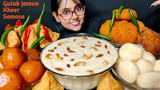 Eating Samosa, Big bowl of kheer, Gulab Jamun, Rasgulla | Big Bites | Indian Sweet | Foodie Darling