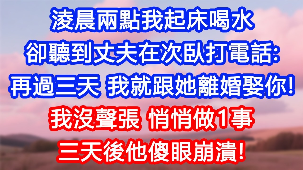【情感故事】淩晨兩點我起床喝水，卻聽到丈夫在次臥打電話：「再過三天，我就跟她離婚娶你！」我沒聲張，悄悄做1事。三天後他傻眼崩潰！#故事 #人生哲理 #婚姻 #出軌 #爽文