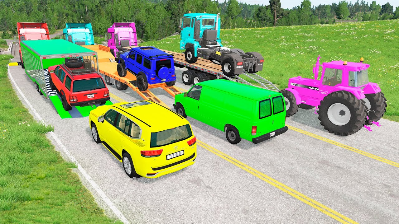 Triple Flatbed Trailer McQueen Transportation with Truck - Speedbumps vs Cars vs Train - BeamNG #19