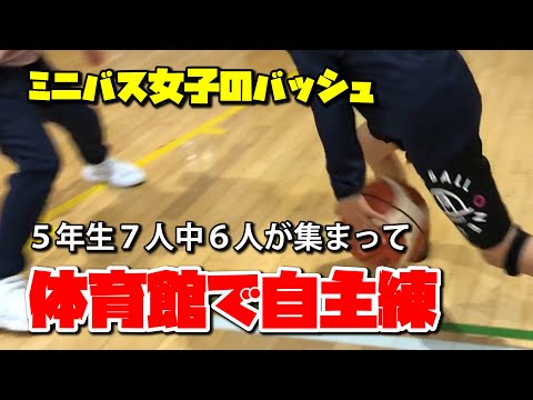 ミニバス女子のバッシュ　普通の子の普通な練習　その588【7人中6人が集まって賑やかに体育館で自主練】