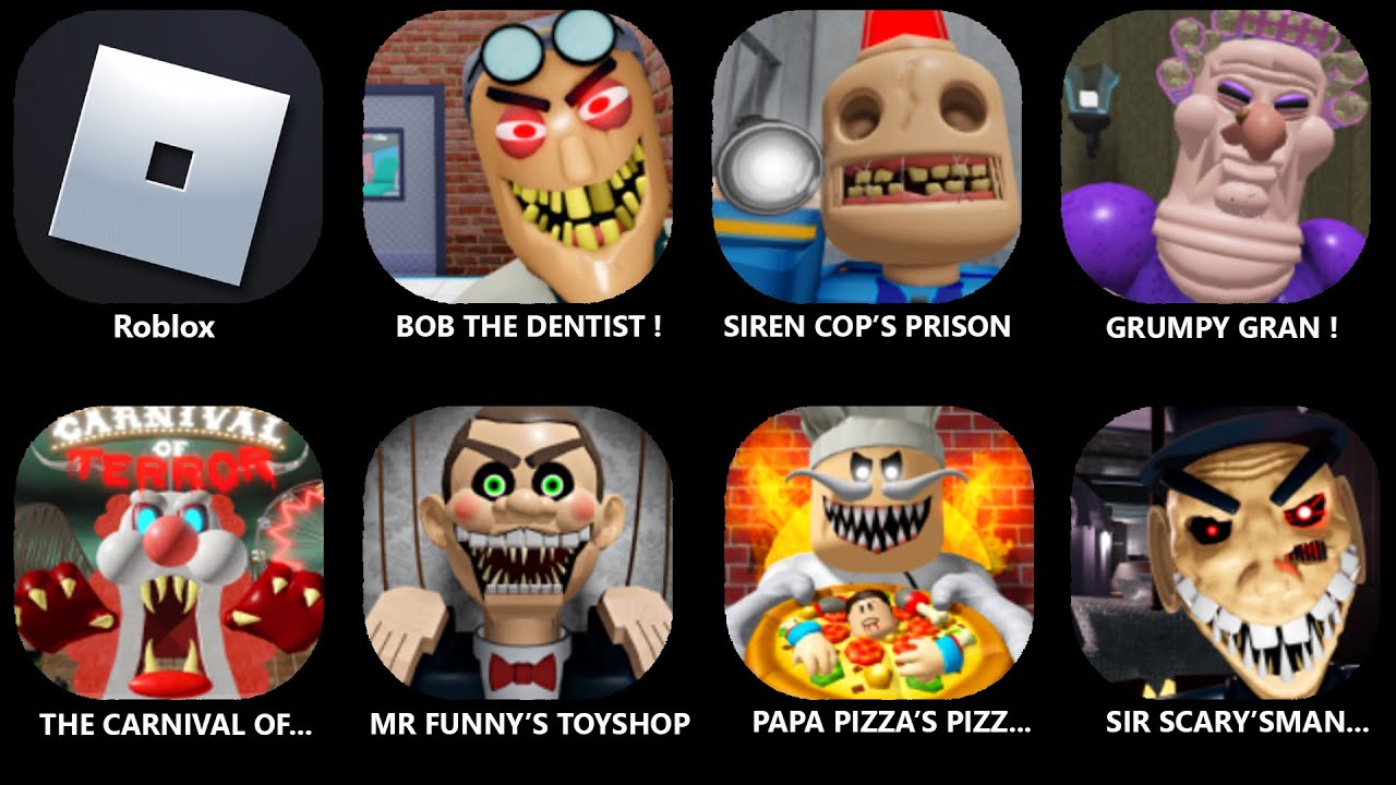 ESCAPE THE CARNIVAL OF TERROR OBBY!,PAPA PIZZA'S PIZZERIA,Roblox,MR FUNNY'S TOYSHOP,GRUMPY GRAN...