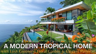 A Contemporary Tropical Home with Lush Greenery, Colorful Floral Garden & Elegant Stone Pathway