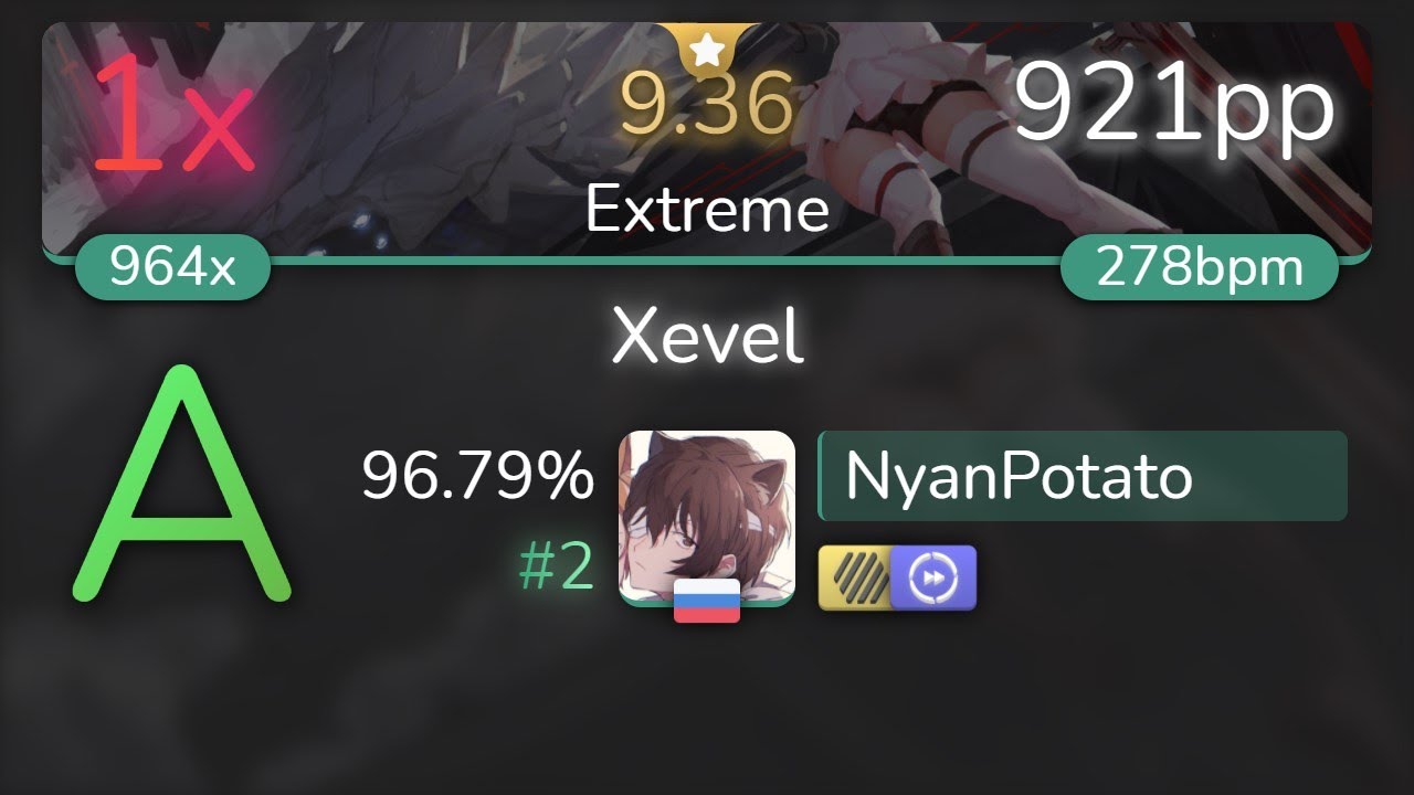 [9.36⭐] NyanPotato | Tatsh - Xevel [Extreme] +HDDT 96.79% {#2 921pp 1❌} - osu!