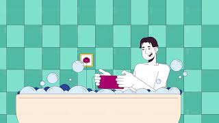 Asian man getting electrocuted in bath line cartoon animation