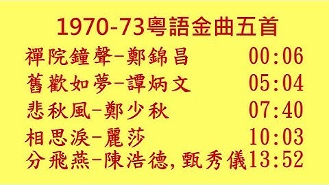 1970-73粵語金曲五首~禪院鐘聲,舊歡如夢,悲秋風,相思淚,分飛燕 (附歌詞)