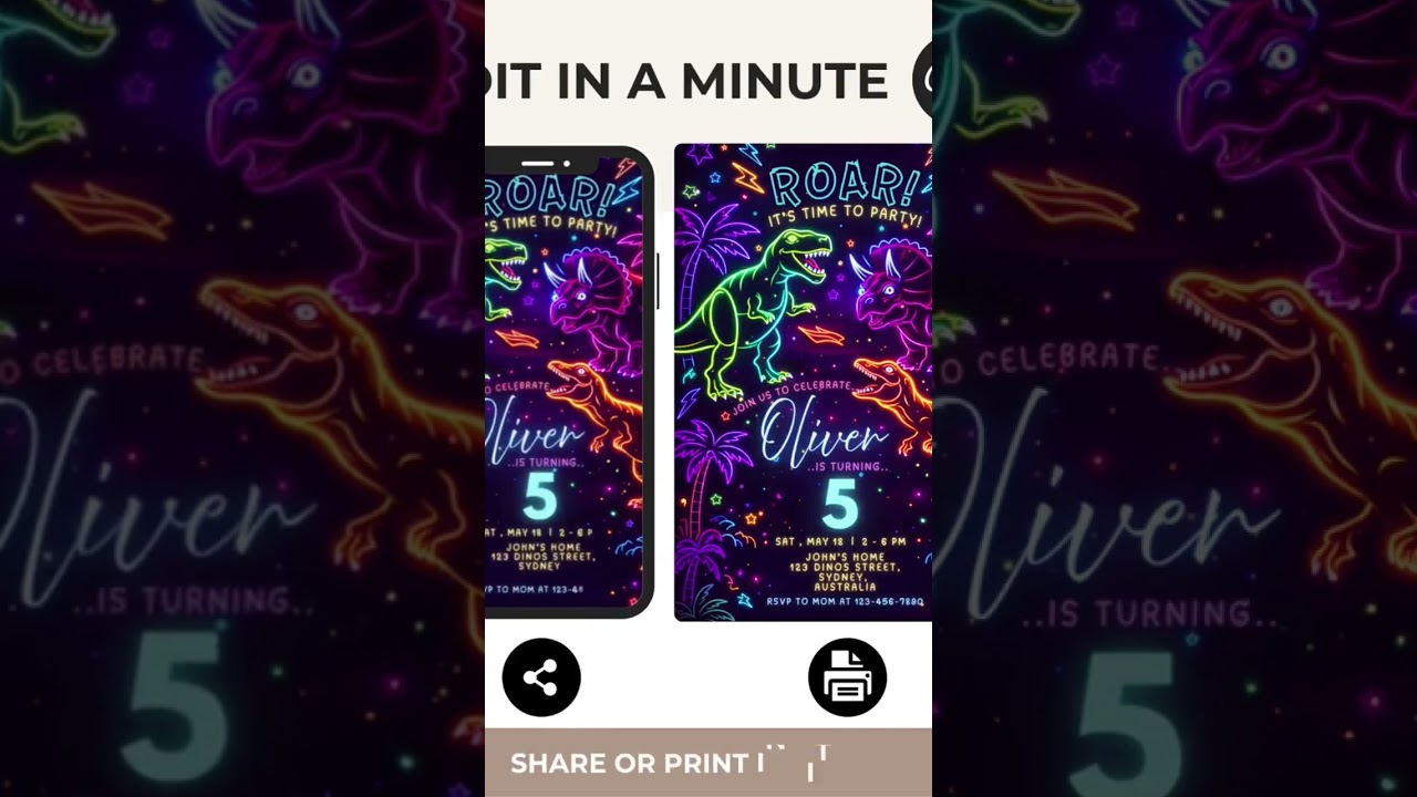 Dino Neon Birthday Invitation. 