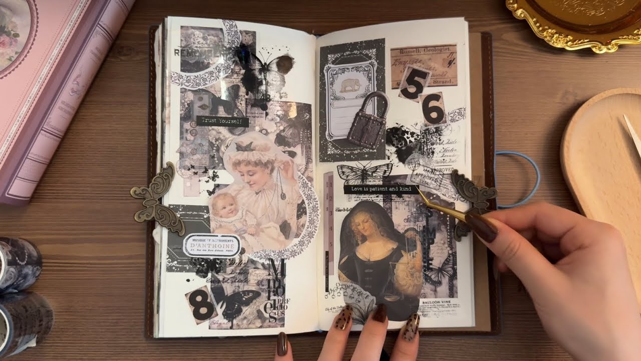 [ASMR] 블랙 빈티지 다꾸🤍 #journaling #scrapbooking #collage 