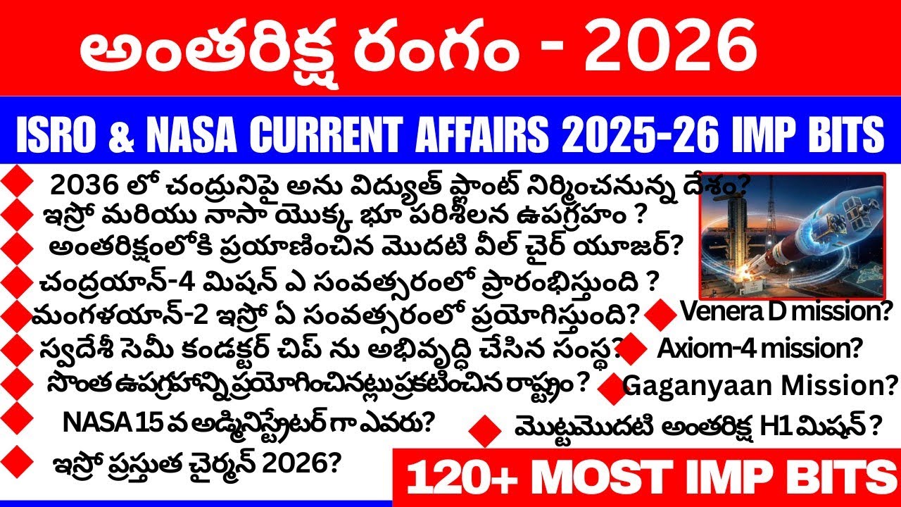 భారత అంతరిక్ష రంగం 2026|SPACE | ISRO & NASA IMPORTANT CURRENT AFFAIRS 2025-2026 120+ BITS IN TELUGU 