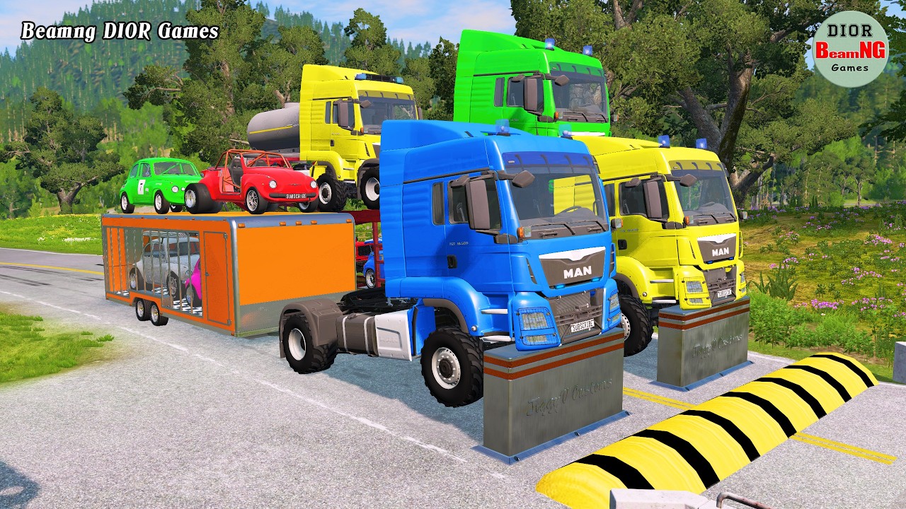 Double Flatbed Trailer Truck vs speed bumps|Busses vs speed bumps|Beamng Drive|1313