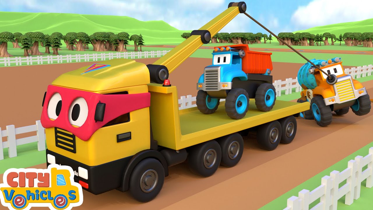 Super Bulldozer rescue garbage truck-Excavator, crane truck and Bulldozer for Kids.