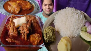 Rice, Spicy Butter Chicken, Rui Macher Jhal And NimPata Aloo Bharta+Aloo Bharta &amp; Salad Eating Show