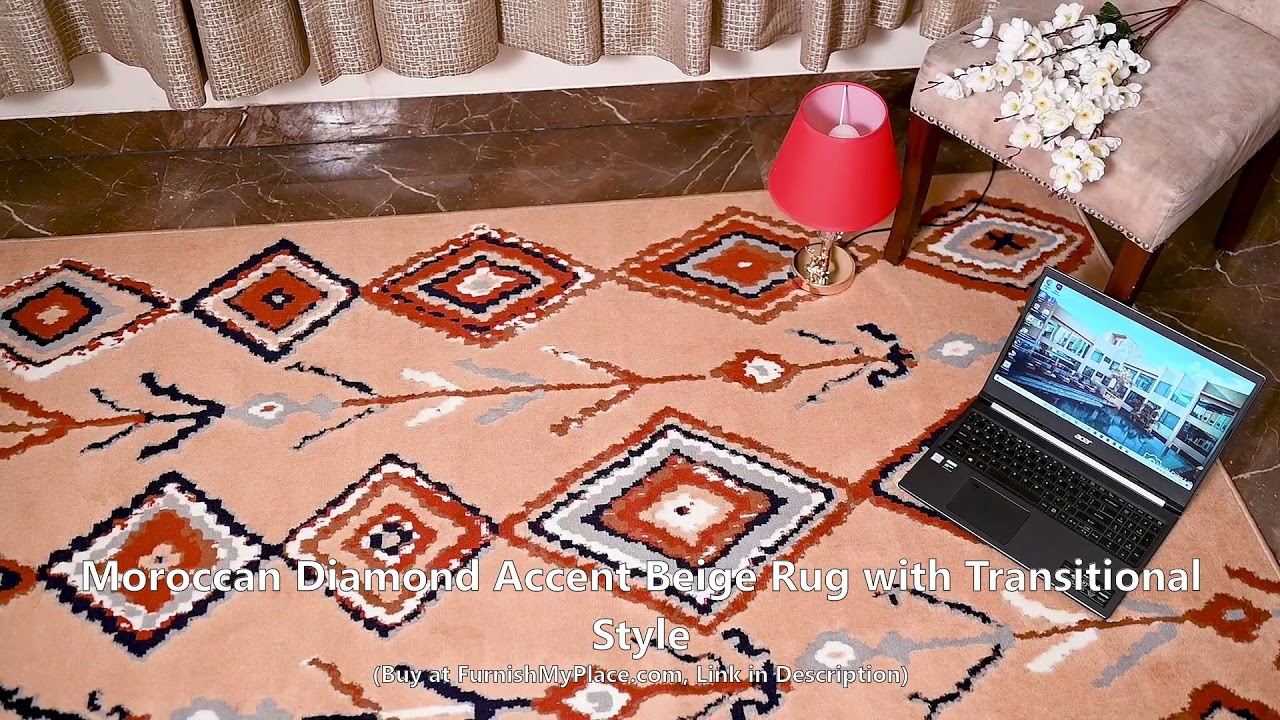 Moroccan Diamond Accent Beige Rug with Transitional Style - FurnishMyPlace