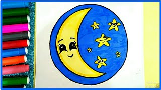أسهل طريقة لرسم هلال رمضان والنجوم في السماء للمبتدئين والاطفال سهل جدا خطوة بخطوة |Drawing the moon