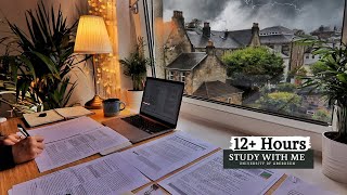 12 HOUR STUDY WITH ME on A RAINY DAY | Background noise, 10 min Break, No music, Study with Merve