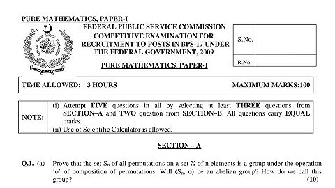 CSS PAST PAPERS - 2009 - PURE MATHEMATICS - PAPER 1 - OPTIONALLY SUBJECT  (GROUP 2)